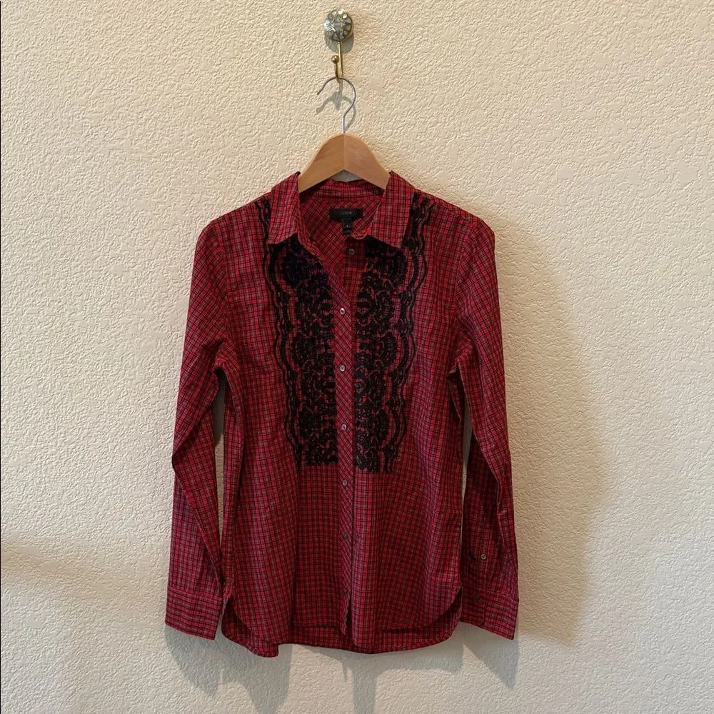 J. Crew Red and Black Plaid Shirt with Beaded Embroidery Size 8